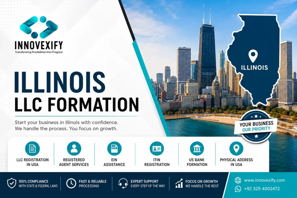 Illinois LLC Formation services by Innovexify including LLC Registration in USA, EIN assistance, ITIN Registration, US Bank Formation, Registered Agent Services, and Physical Address in USA.