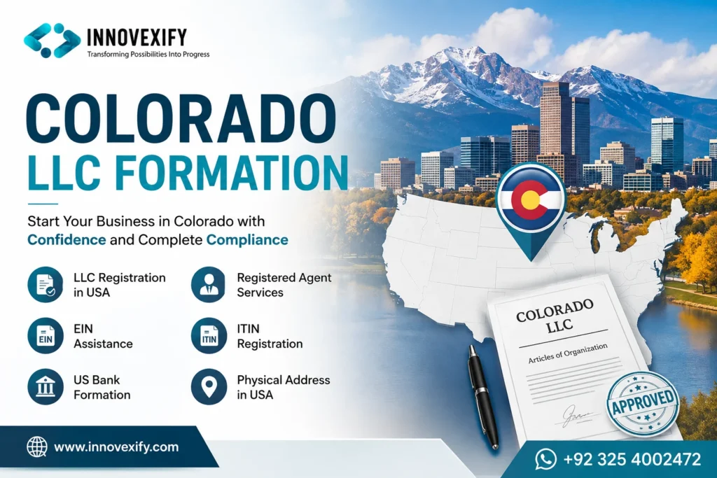 Colorado LLC Formation services by Innovexify including LLC Registration in USA, Registered Agent Services, EIN Assistance, ITIN Registration, US Bank Formation, and Physical Address in USA.