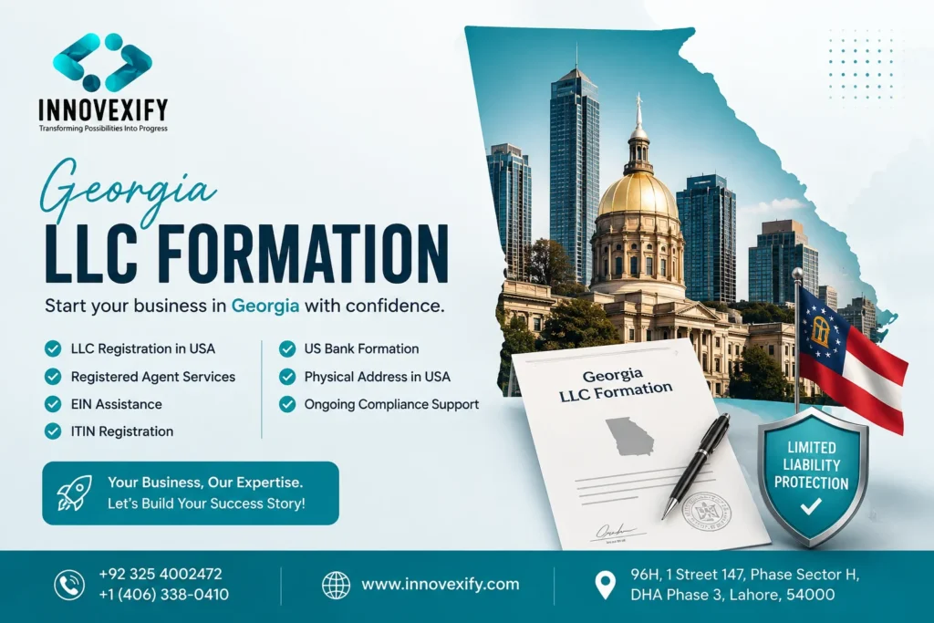 Georgia LLC Formation services by Innovexify including LLC Registration in USA, Registered Agent Services, EIN Assistance, ITIN Registration, US Bank Formation, and Physical Address in USA.